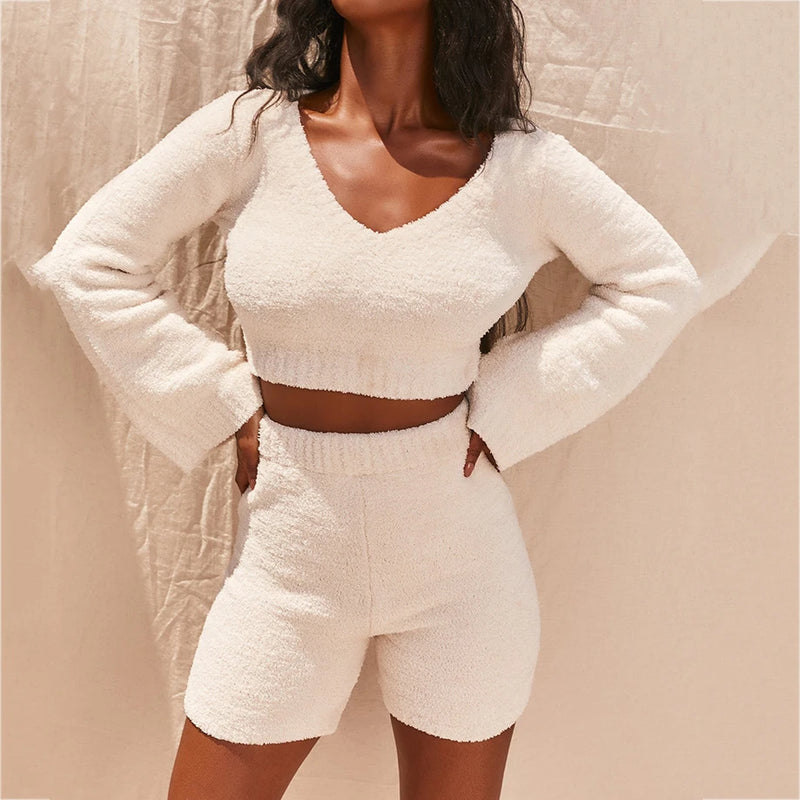 Casual Two Piece Sets Flare Sleeve Sweatshirts 2 Piece Shorts Set Sexy Fluffy Suits Lounge Set - Emete Store