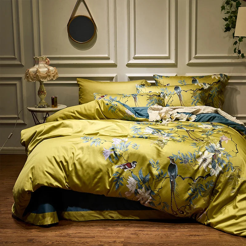 Long Staple cotton Chinoiserie Birds Plant Duvet Cover King Queen Size Bedding Set 4Pcs - Emete Store