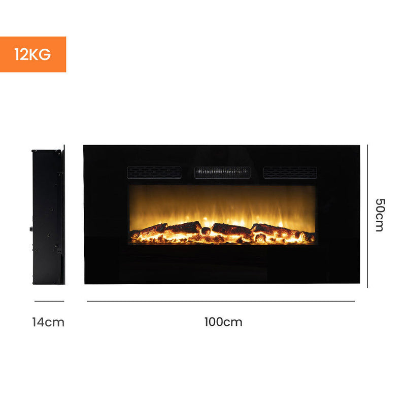 CARSON 100cm Electric Fireplace Heater Wall Mounted 1800W Stove with Log Flame Effect - Emete Store