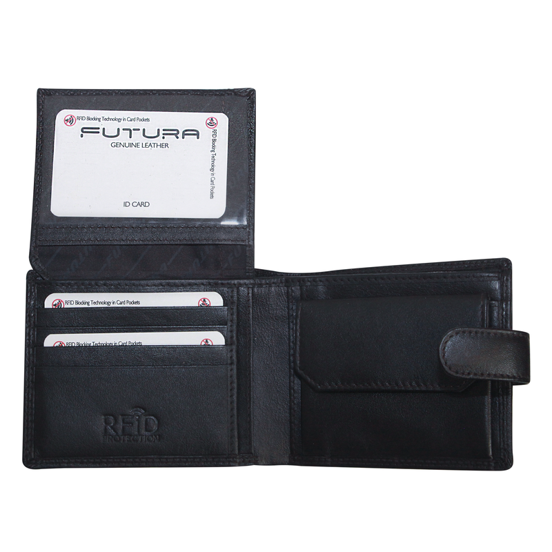 Futura Mens RFID Leather Coin Fold Over Wallet - Black - Emete Store