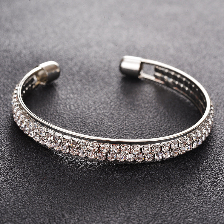 Rose Gold Silver Diamond Inlaid 2-Row Open Bracelet eprolo