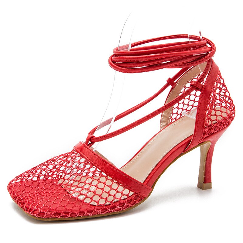 Red Mesh Pumps High Heel Lace Up Cross-tied Stiletto Hollow Dress Shoes eprolo