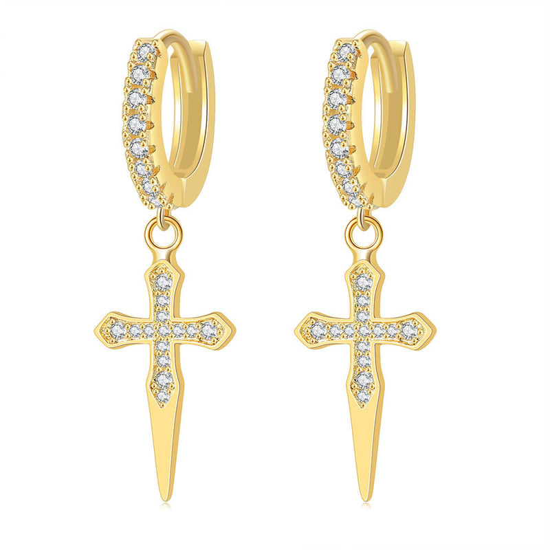 Popular Full Zircon Earrings Cross Hip-Hop Earrings Gold-Plated eprolo
