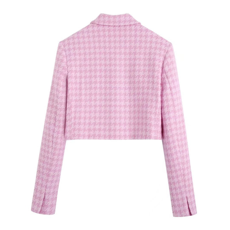 Casual Checkered Double-Breasted Coat Pink Crop Jackets for Women Dresses eprolo