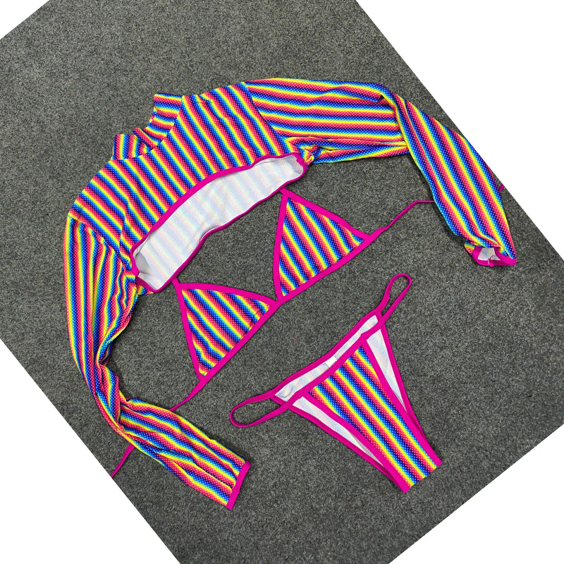 Three Pieces Rainbow Striped Bikini Swimsuit eprolo