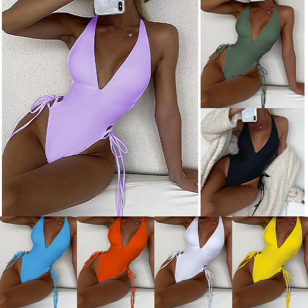 Solid Color Deep V Neck Bikini eprolo