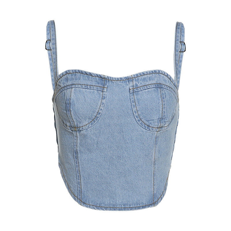 Suspenders Sexy One-Shoulder Open-Back Slim Denim Vest - Emete Store