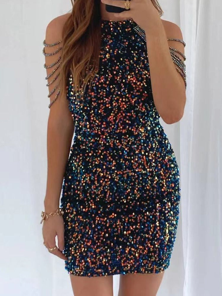 Spring And Summer Hanging Neck Hip Sequin Dress - Emete Store