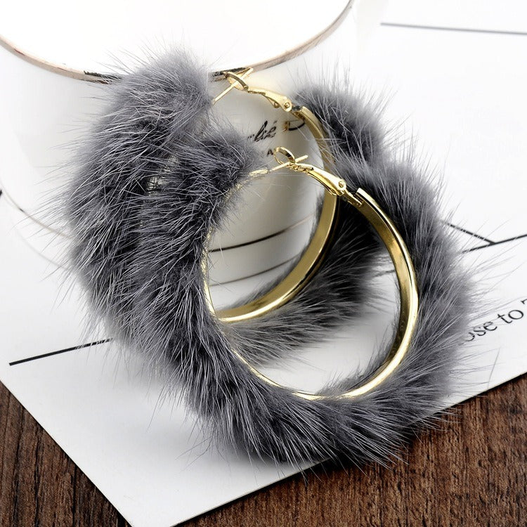 Autumn And Winter Mink Hair Big Circle Ear Ring - Emete Store