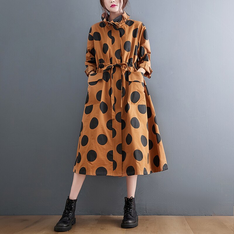 Autumn Winter Oversized Polka Dot Long Trench Coat - Emete Store