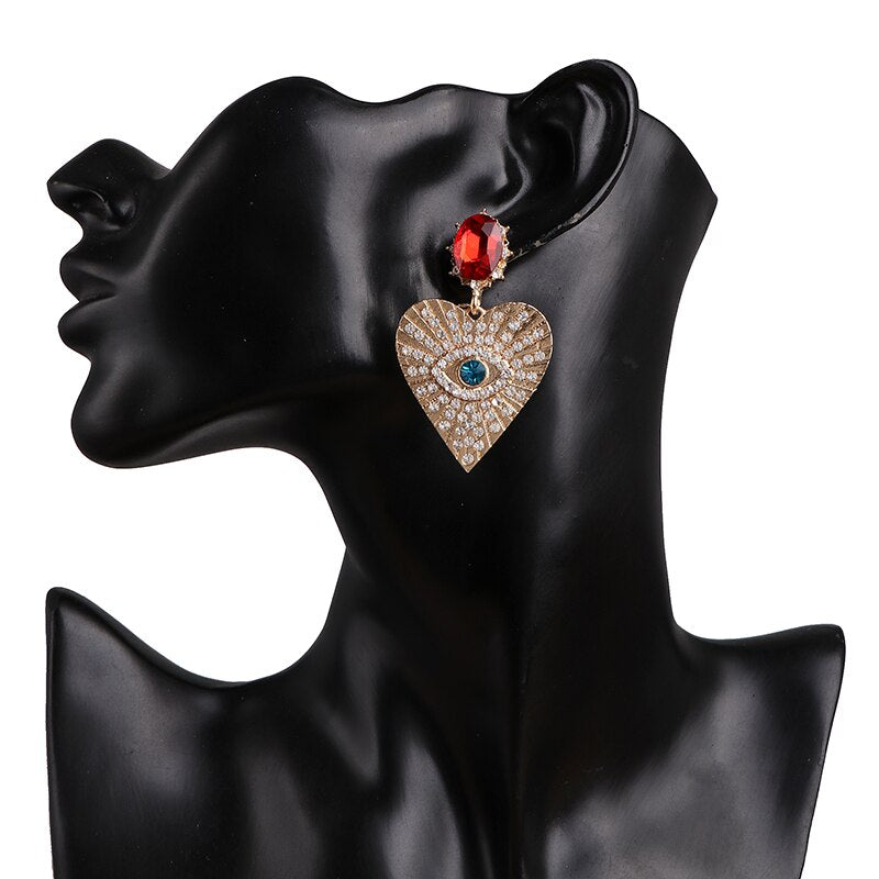 Juran Gold Eye Goth Exaggerated Heart Hanging Dangle Earrings Rhinestone Fashion Earrings for Women eprolo