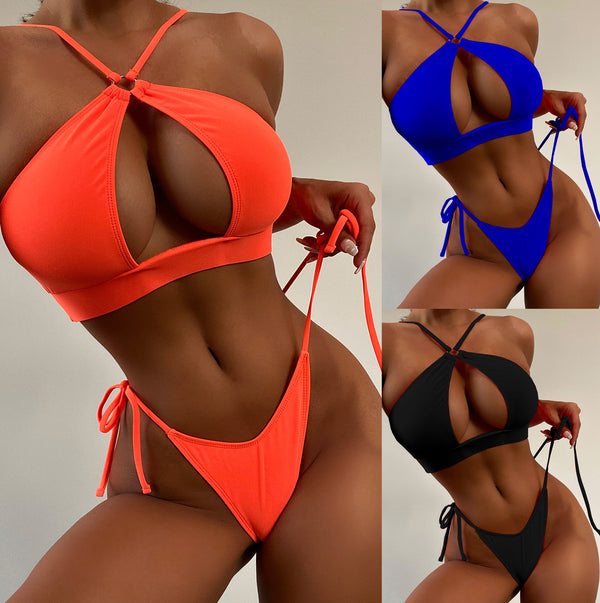 Ladies Solid Color Cutout Split Swimsuit Bikini eprolo