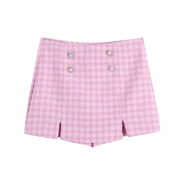 High Waist Double Breasted Pink Plaid Skirt Women eprolo