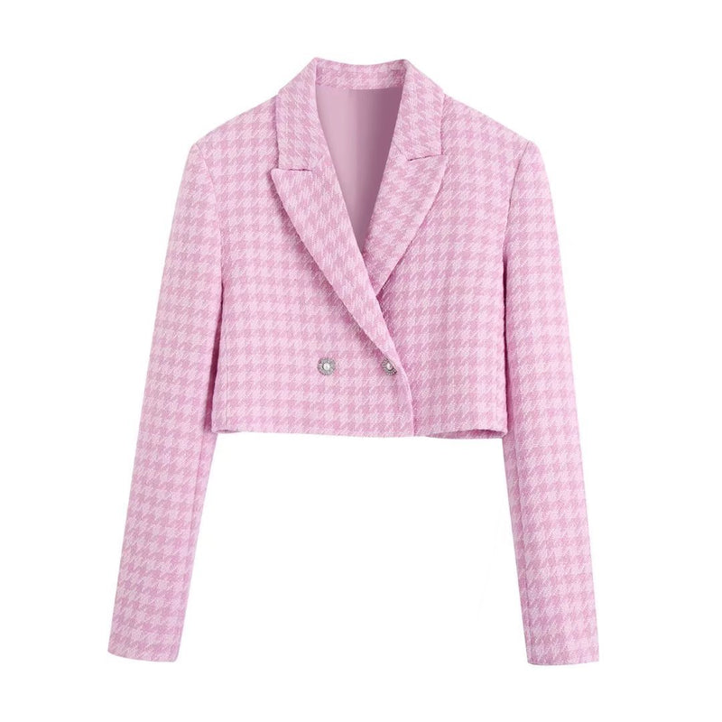 Casual Checkered Double-Breasted Coat Pink Crop Jackets for Women Dresses eprolo