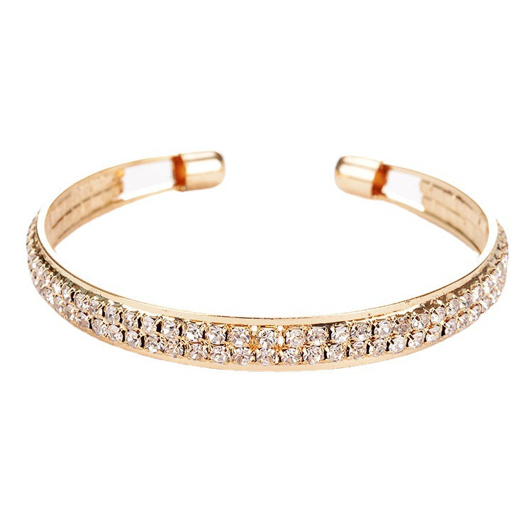 Rose Gold Silver Diamond Inlaid 2-Row Open Bracelet - Emete Store