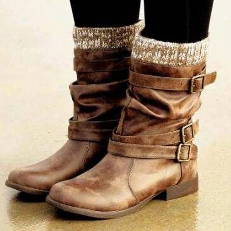 Women Winter Buckle Strap Pu Leather Chunky Heels eprolo