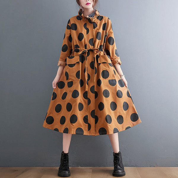 Autumn Winter Oversized Polka Dot Long Trench Coat - Emete Store