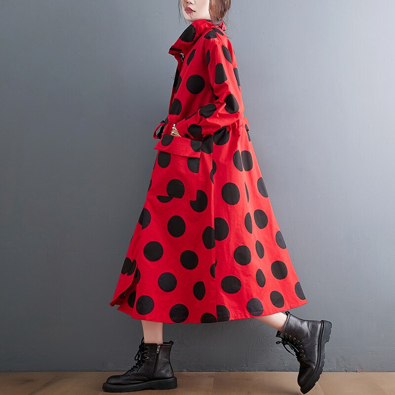 Autumn Winter Oversized Polka Dot Long Trench Coat - Emete Store