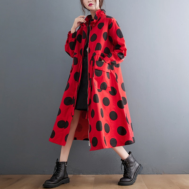 Autumn Winter Oversized Polka Dot Long Trench Coat - Emete Store