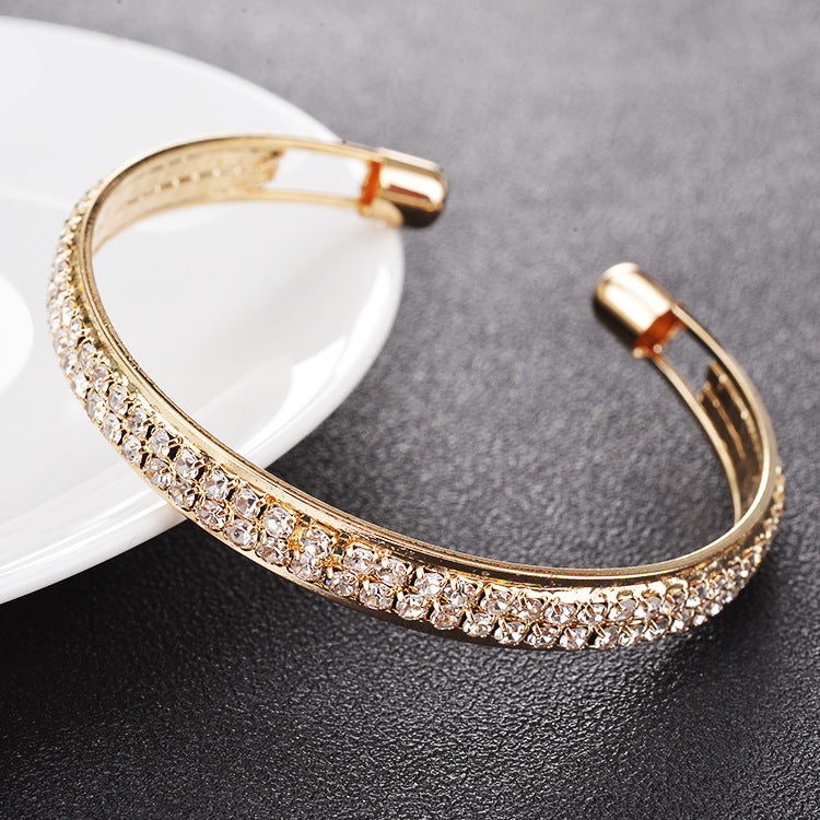 Rose Gold Silver Diamond Inlaid 2-Row Open Bracelet eprolo