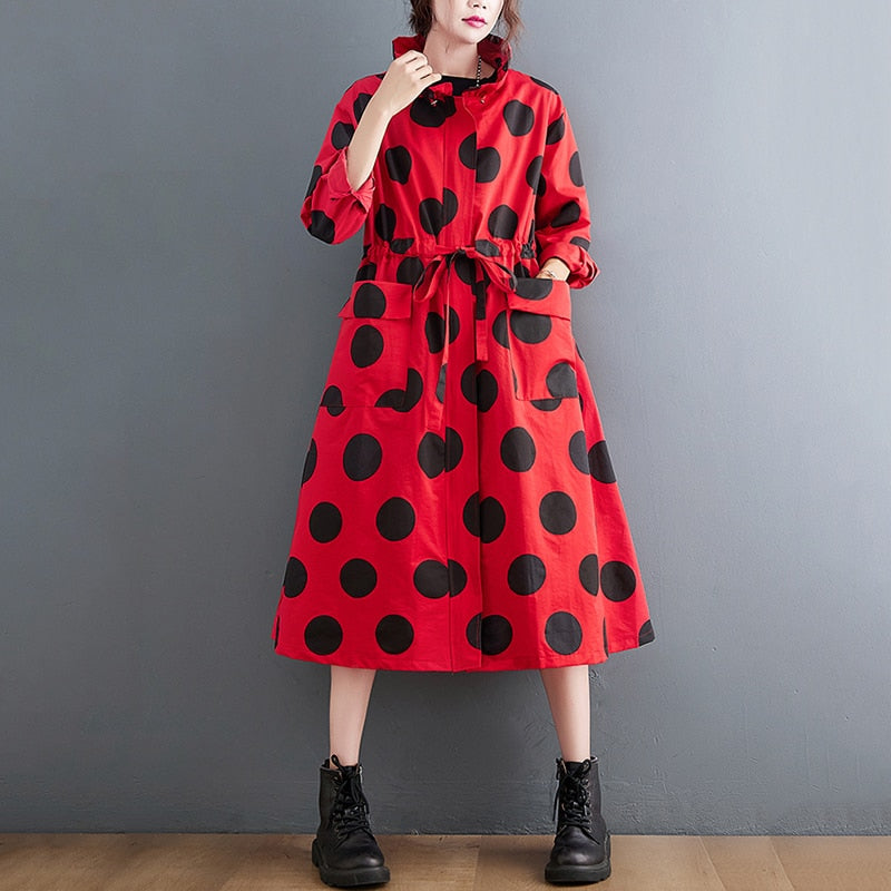 Autumn Winter Oversized Polka Dot Long Trench Coat - Emete Store