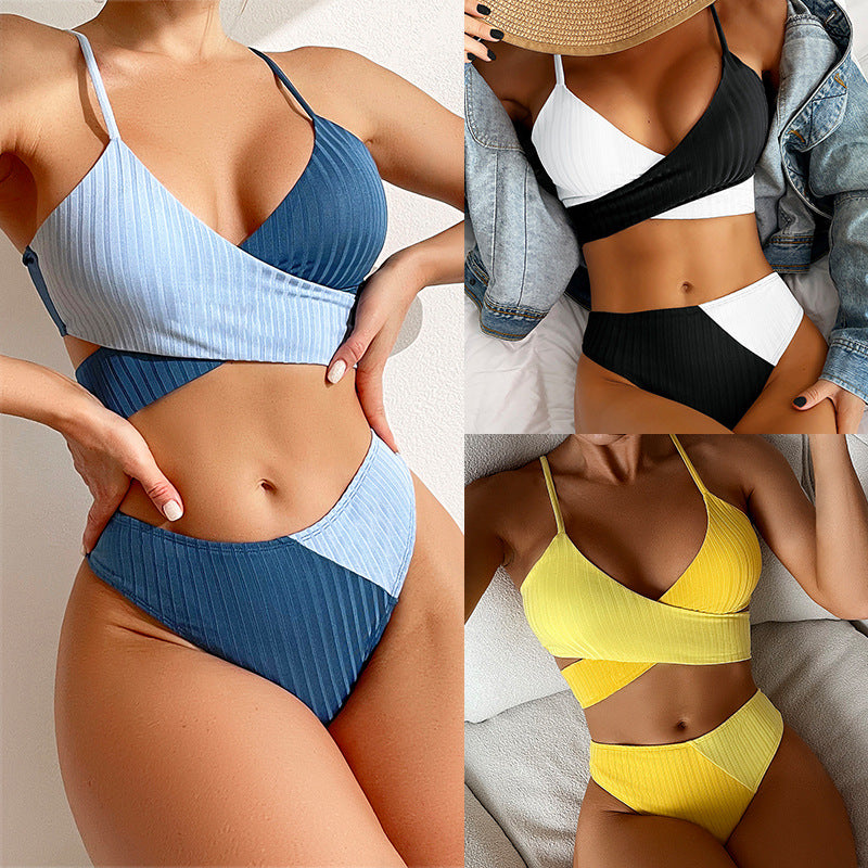 New Solid Color Matching Thick Pit Strip Cross Straps High Waist Bikini Sexy Swimsuit eprolo