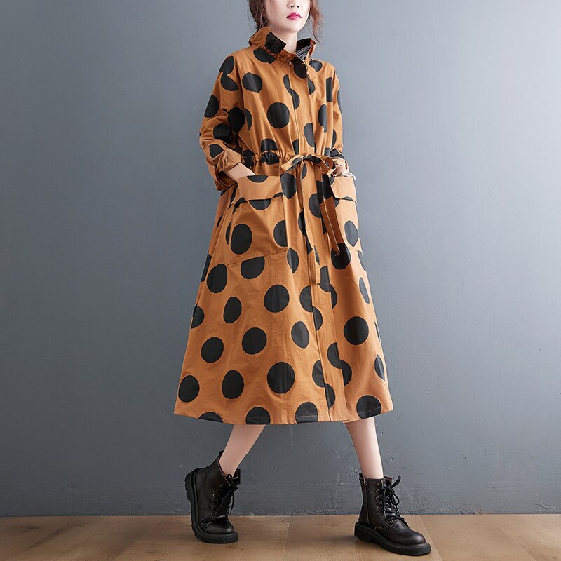 Autumn Winter Oversized Polka Dot Long Trench Coat - Emete Store