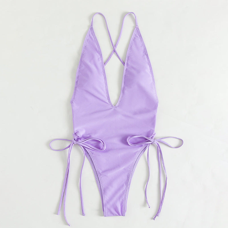 Solid Color Deep V Neck Bikini - Emete Store