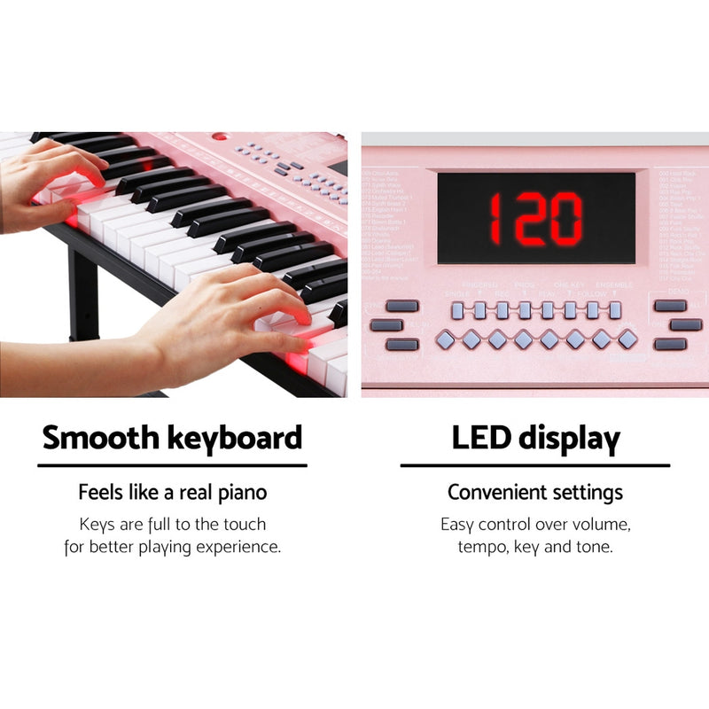 Electronic Piano Keyboard Digital Electric w/ Stand Lighted Pink -Alpha 61 Keys