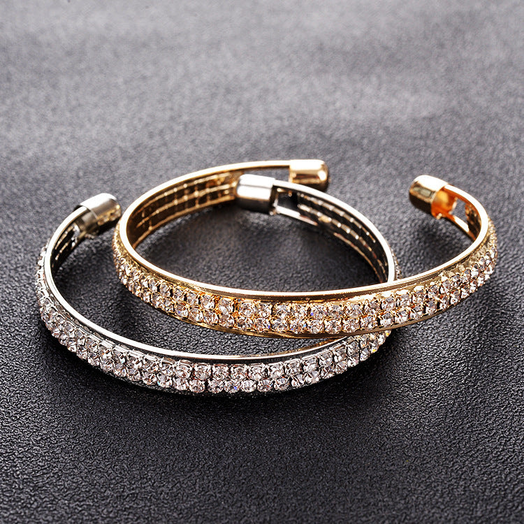 Rose Gold Silver Diamond Inlaid 2-Row Open Bracelet - Emete Store