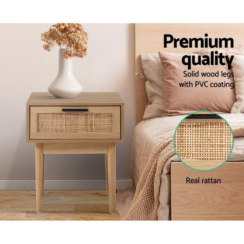 Artiss Bedside Tables Table 1 Drawer Storage Cabinet Rattan Wood Nightstand Emete store