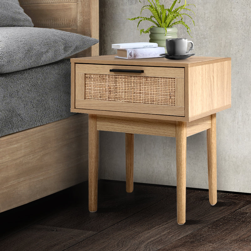 Artiss Bedside Tables Table 1 Drawer Storage Cabinet Rattan Wood Nightstand Emete store