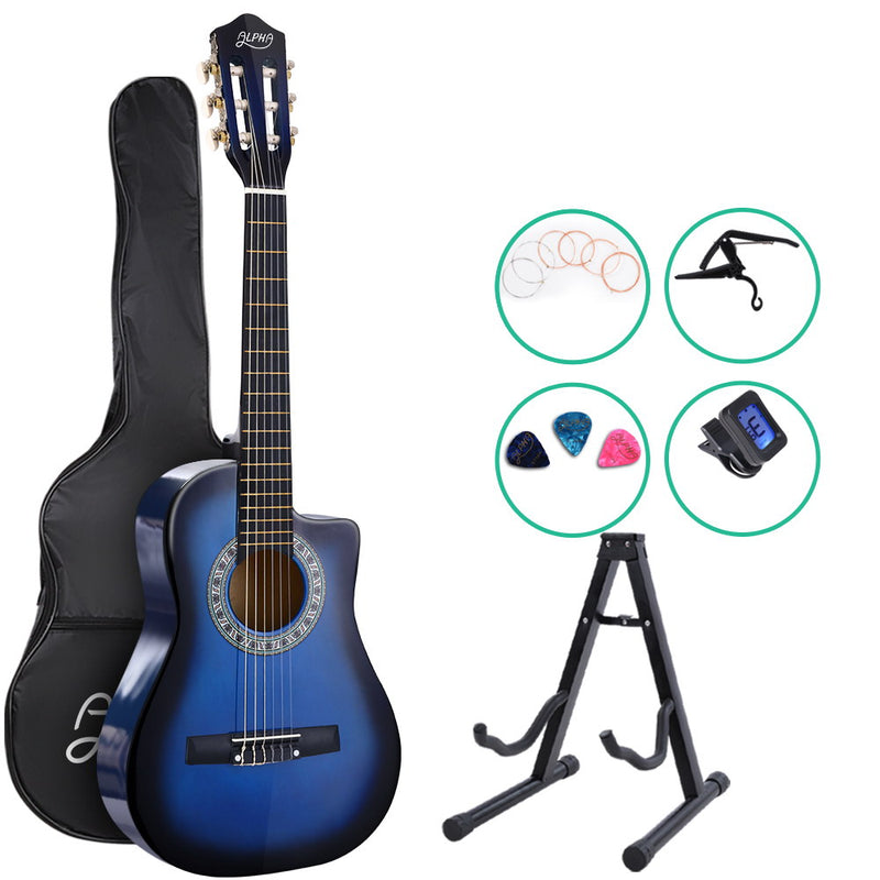 Alpha 34 Inch Classical Guitar Wooden Body Nylon String w/ Stand Beignner Blue - Emete Store