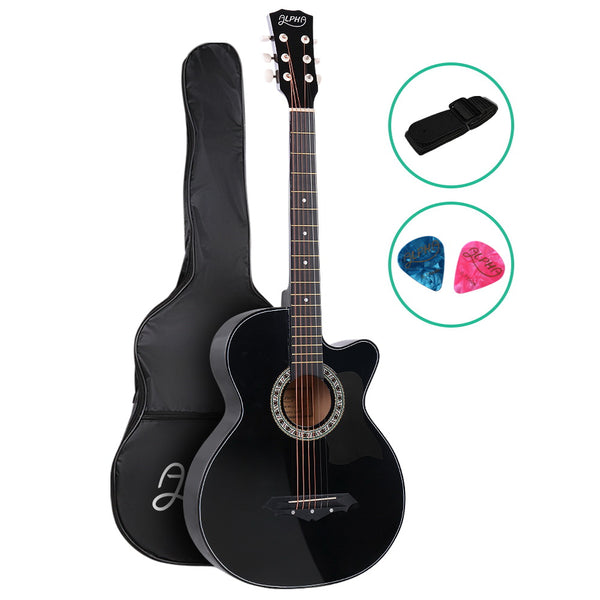 Acoustic Guitar Wooden Body Steel String Full Size Cutaway Black - Alpha 38 Inch