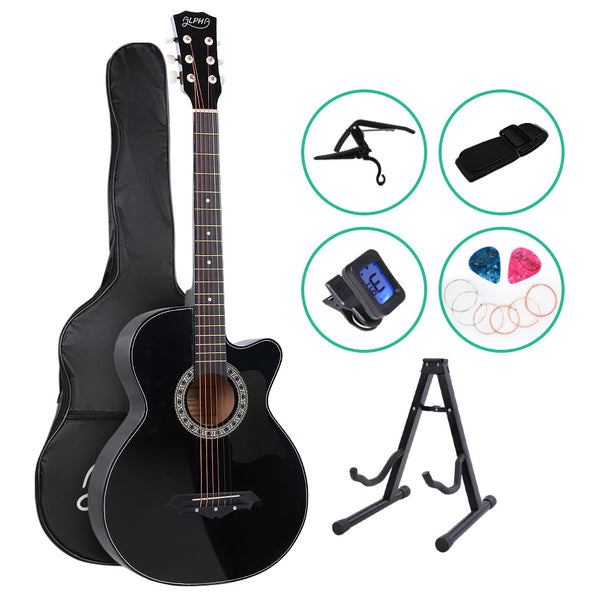 Acoustic Guitar Wooden Body Steel String Full Size w/ Stand Black -Alpha 38 Inch