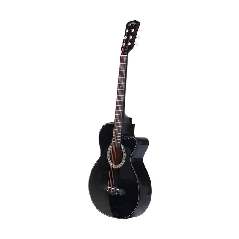 Acoustic Guitar Wooden Body Steel String Full Size w/ Stand Black -Alpha 38 Inch