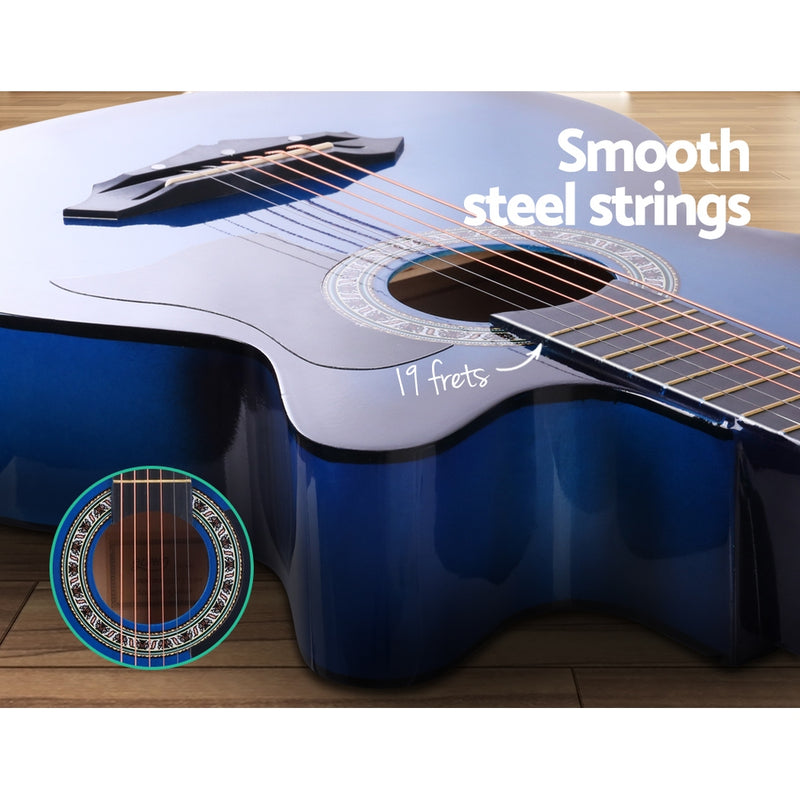 Acoustic Guitar Wooden Body Steel String Full Size Cutaway Blue -Alpha 38 Inch