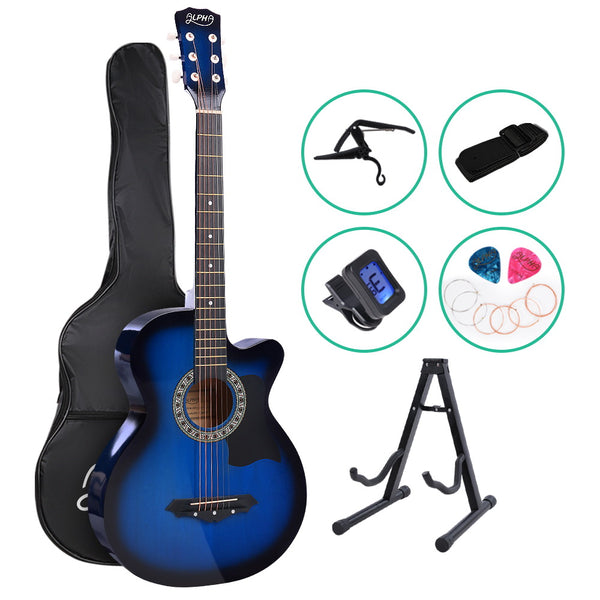 Acoustic Guitar Wooden Body Steel String Full Size w/ Stand Blue - Alpha 38 Inch