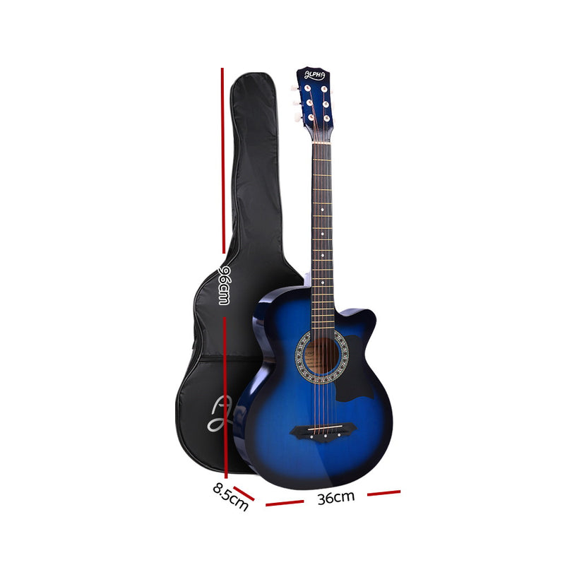 Acoustic Guitar Wooden Body Steel String Full Size w/ Stand Blue - Alpha 38 Inch