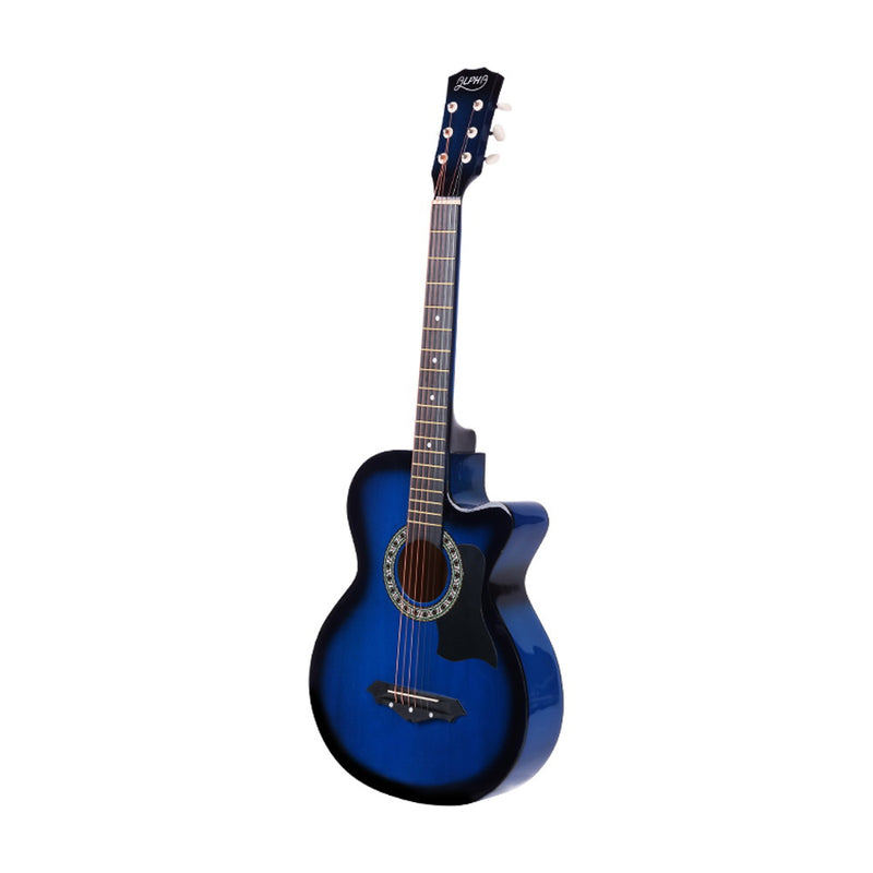 Acoustic Guitar Wooden Body Steel String Full Size w/ Stand Blue - Alpha 38 Inch