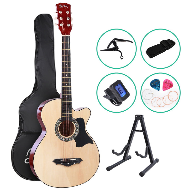 Acoustic Guitar Wooden Body Steel String Full Size w/ Stand Wood - Alpha 38 Inch - Emete Store