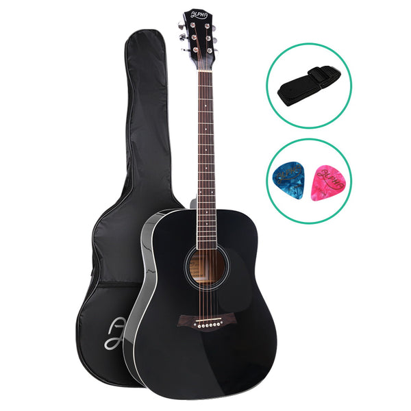 Acoustic Guitar Wooden Body Steel String Dreadnought Black - Alpha 41 Inch