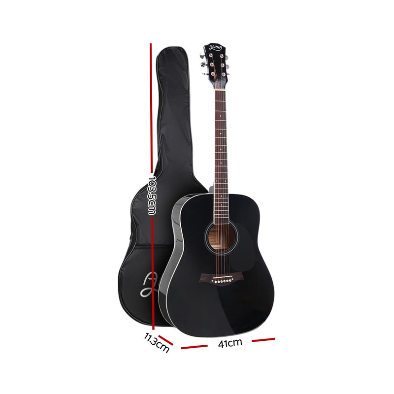 Acoustic Guitar Wooden Body Steel String Dreadnought Black - Alpha 41 Inch