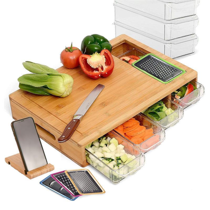 Large Bamboo Cutting Board and 4 Containers with Mobile Holder gift included for Home Kitchen Emete store