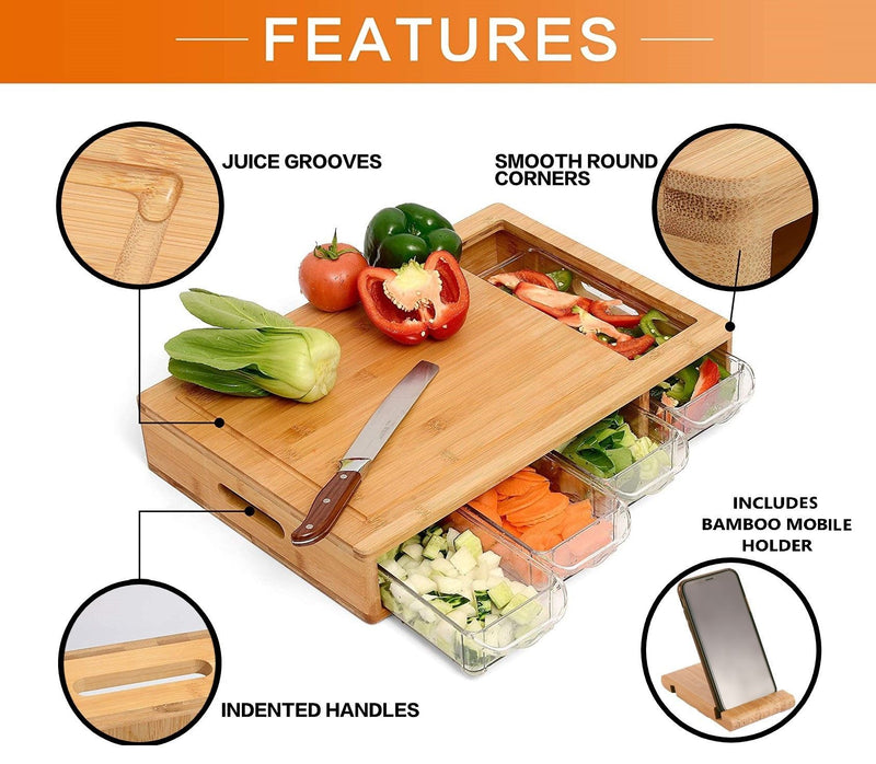 Large Bamboo Cutting Board and 4 Containers with Mobile Holder gift included for Home Kitchen Emete store