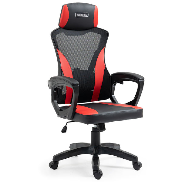 OVERDRIVE Ergonomic Gaming Desk Chair, Height Adjustable Lumbar Support, Mesh Fabric, Faux Leather, Headrest, Black/Red