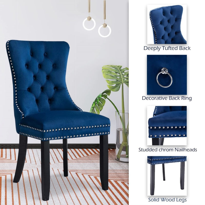 2x Velvet Dining Chairs Upholstered Tufted Kithcen Chair with Solid Wood Legs Stud Trim and Ring-Blue Emete store