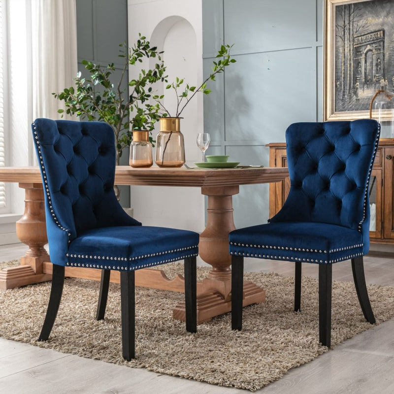 2x Velvet Dining Chairs Upholstered Tufted Kithcen Chair with Solid Wood Legs Stud Trim and Ring-Blue Emete store