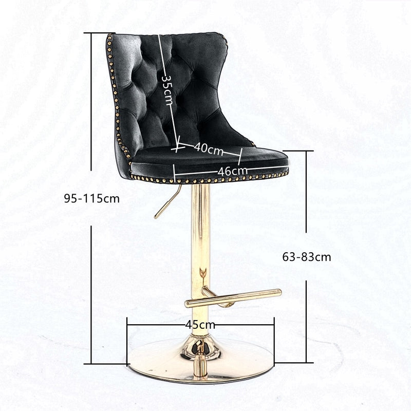 2x Height Adjustable Swivel Bar Stool Velvet Studs Barstool with Footrest and Golden Base- Grey Emete store