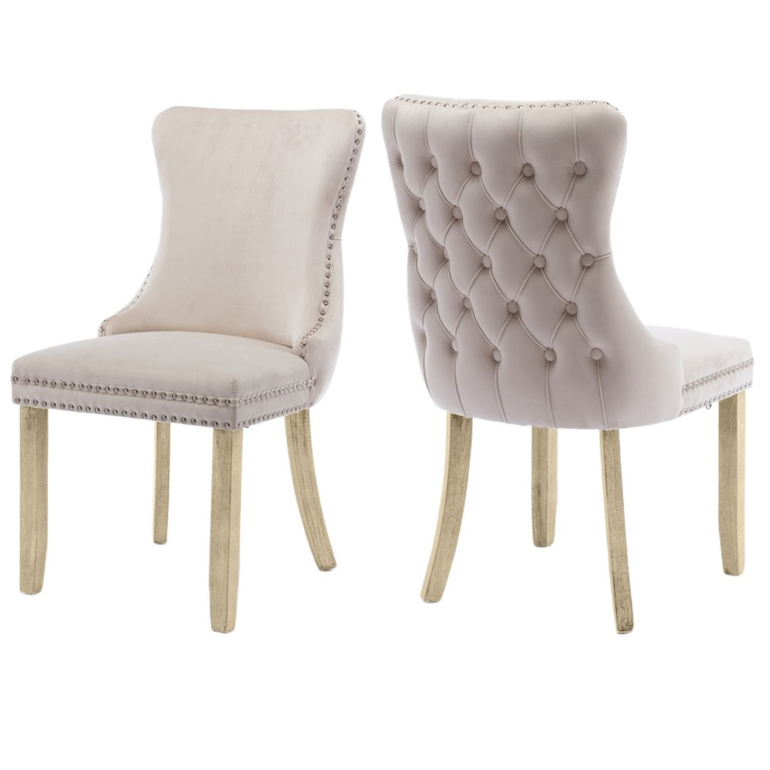 2x Velvet Upholstered Dining Chairs Tufted Wingback Side Chair with Studs Trim Solid Wood Legs for Kitchen - Emete Store